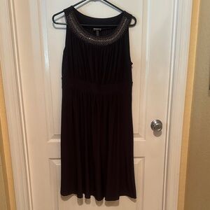Haani charcoal Midi Dress with pewter beads and rhinestones embellished Neckline